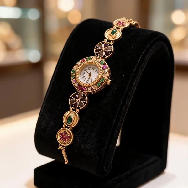 Elegant_Navratna-Style_Antique_Gold_Floral_Bracelet_Watch