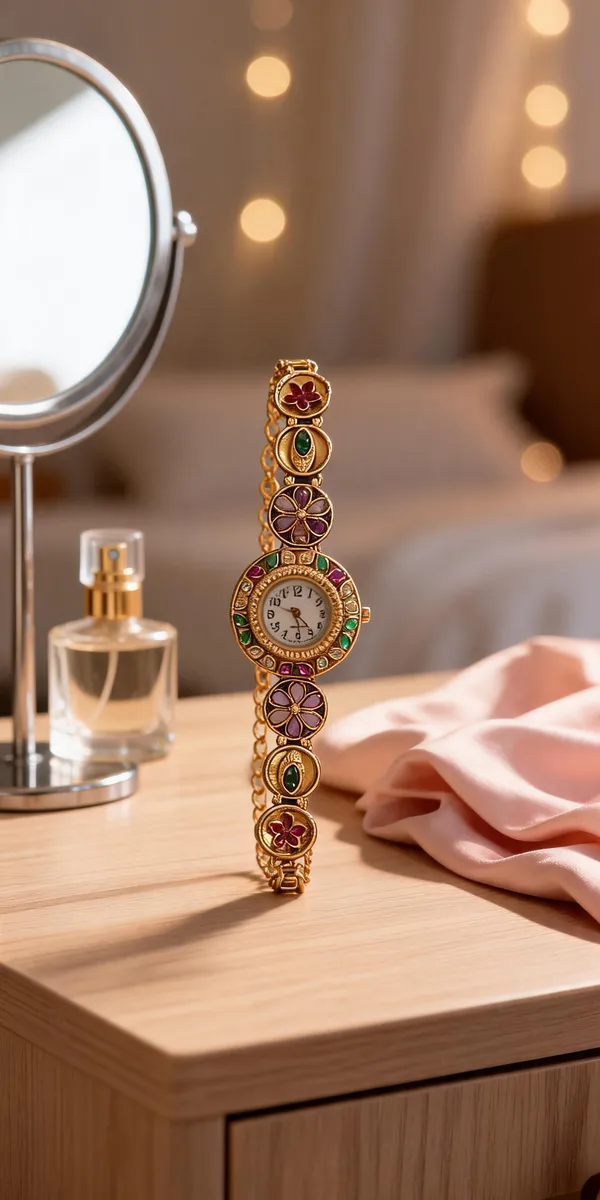Elegant_Navratna-Style_Antique_Gold_Floral_Bracelet_Watch