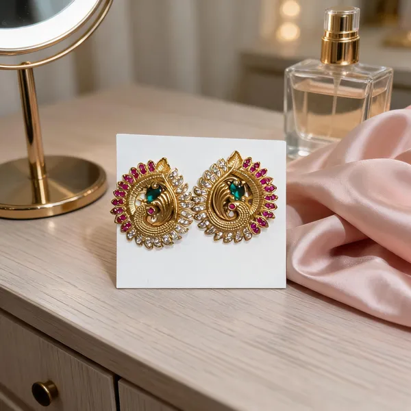 Gold_Plated_Peacock_CZ_Temple_Stud_Earrings