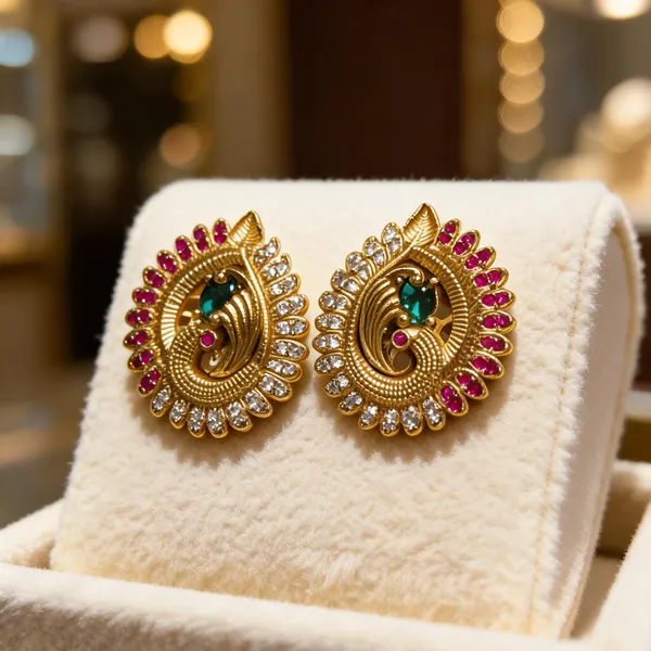 Gold_Plated_Peacock_CZ_Temple_Stud_Earrings
