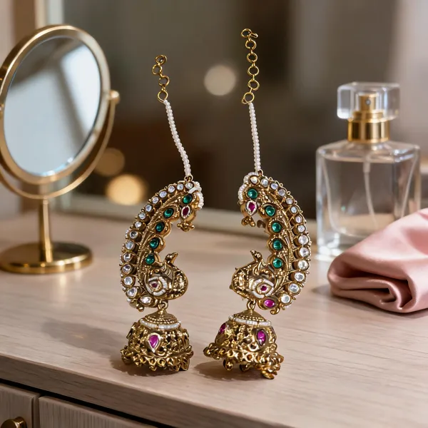 Gold_Plated_CZ_Peacock_Earcuff_Jhumka_with_Chain