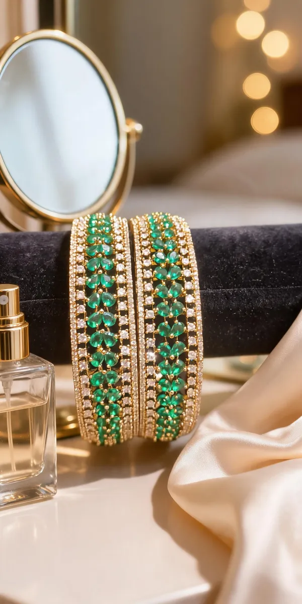 Gold-Tone_Emerald_Green_&_CZ_Floral_Lattice_Bangles_Pair