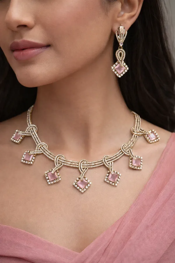 Elegant_Pastel_Pink_Square_Charm_Necklace_Set_with_Matching_Drop_Earrings