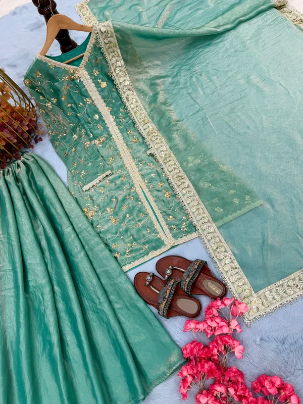 Teal_Fendi_Silk_Embroidered_Palazzo_Suit_Set_For_Women