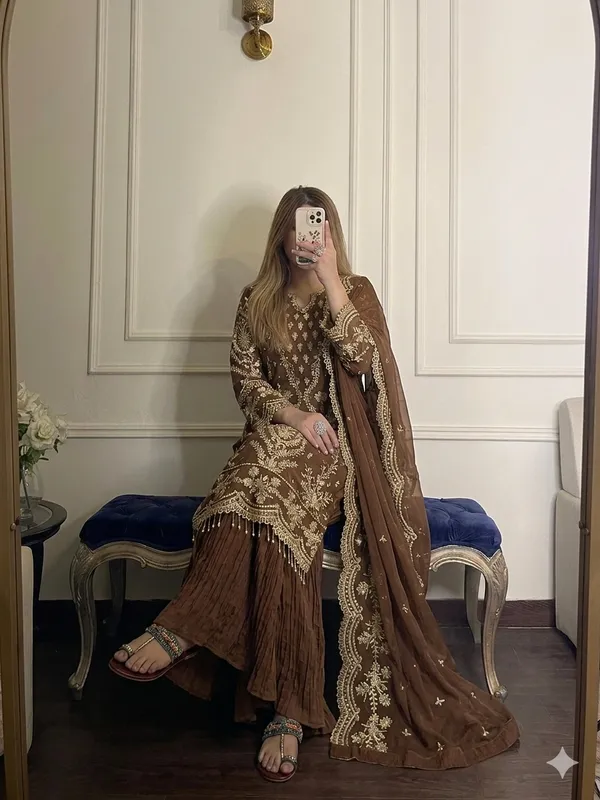 Brown_Embroidered_Three_Piece_Suit_Set_for_Women