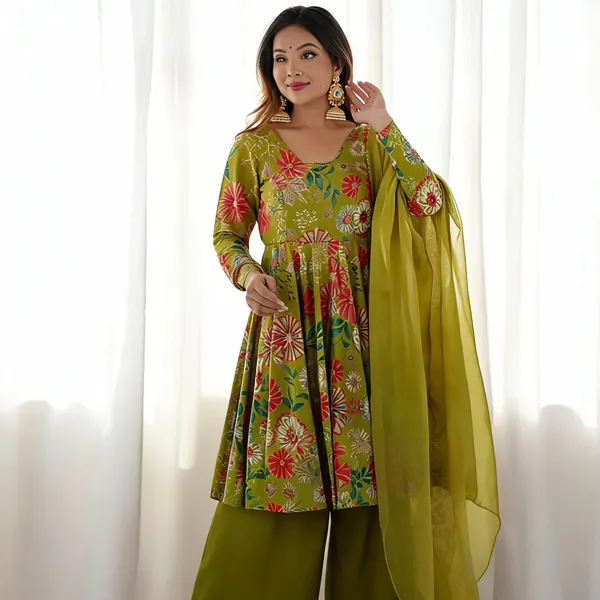 Olive_Green_Pure_Soft_Roman_Silk_Chanderi_Kediya_Kurta_For_Women