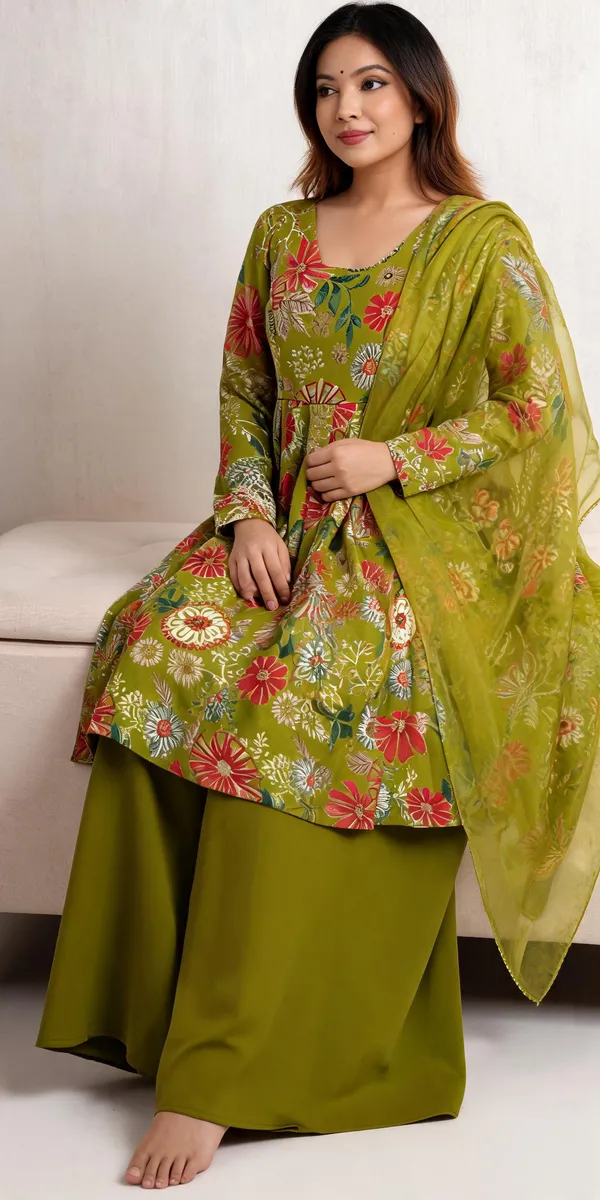 Olive_Green_Pure_Soft_Roman_Silk_Chanderi_Kediya_Kurta_For_Women