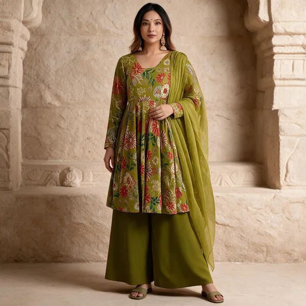 Olive_Green_Pure_Soft_Roman_Silk_Chanderi_Kediya_Kurta_For_Women