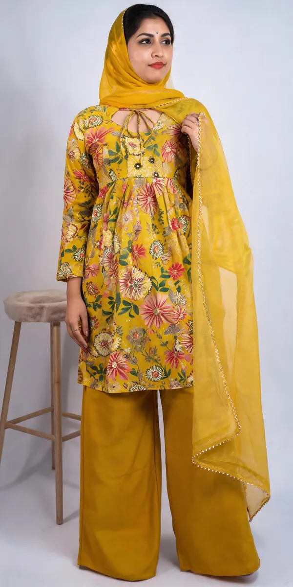 Mustard_Pure_Soft_Roman_Silk_Chanderi_Kediya_Kurta_For_Women