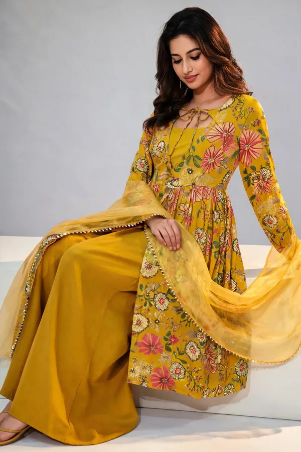 Mustard_Pure_Soft_Roman_Silk_Chanderi_Kediya_Kurta_For_Women
