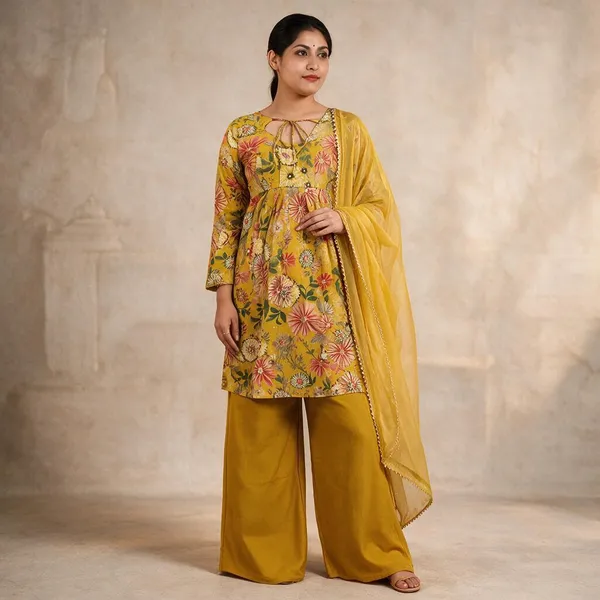 Mustard_Pure_Soft_Roman_Silk_Chanderi_Kediya_Kurta_For_Women