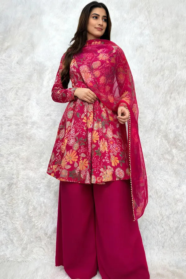 Magenta_Pure_Soft_Roman_Silk_Chanderi_Kediya_Kurta_For_Women