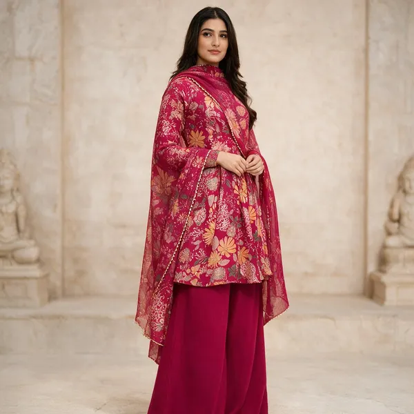 Magenta_Pure_Soft_Roman_Silk_Chanderi_Kediya_Kurta_For_Women