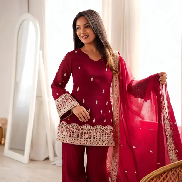 Burgundy_Cotton_3_Pcs_Palazzo_Pair_For_Women
