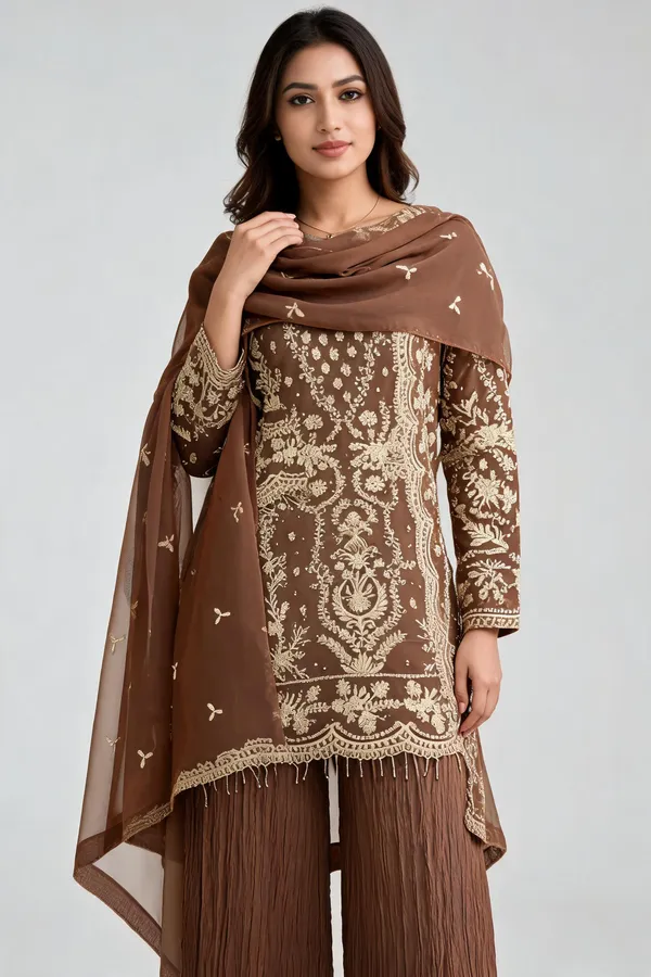 Brown_Georgette_Dress_With_Dupatta_For_Women