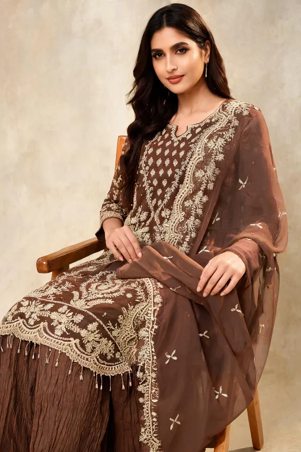 Brown_Georgette_Dress_With_Dupatta_For_Women