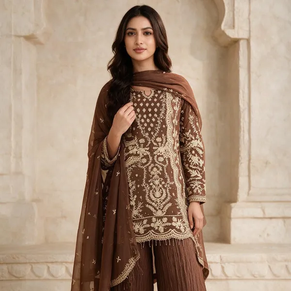 Brown_Georgette_Dress_With_Dupatta_For_Women