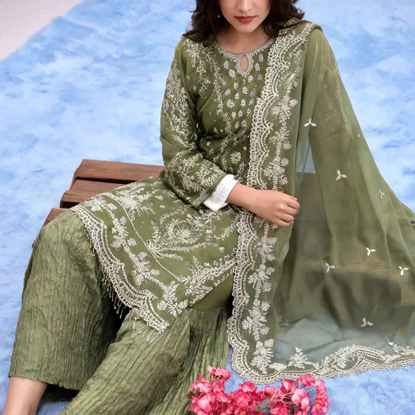 Olive_Green_Georgette_Dress_With_Dupatta_For_Women