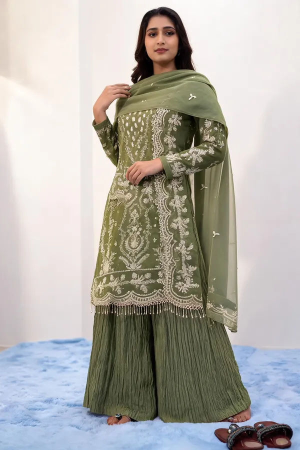 Olive_Green_Georgette_Dress_With_Dupatta_For_Women