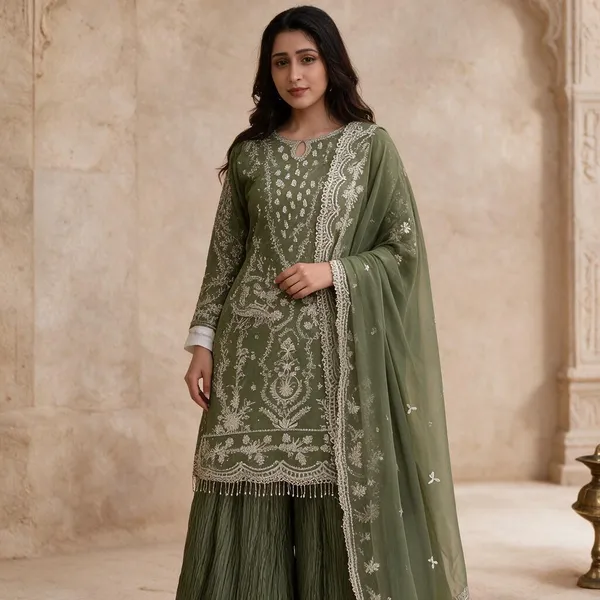 Olive_Green_Georgette_Dress_With_Dupatta_For_Women