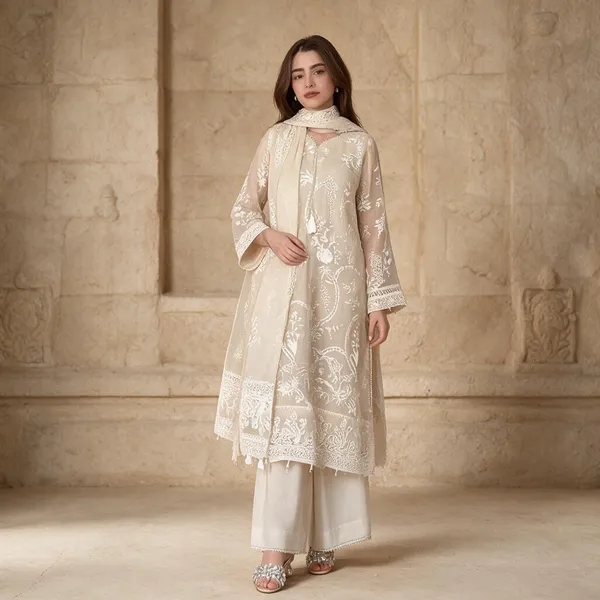 Cream_Georgette_Dress_With_Dupatta_For_Women