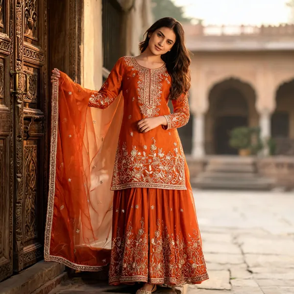 Orange_Cotton_3_Pcs_Sharara_Pair_For_Women