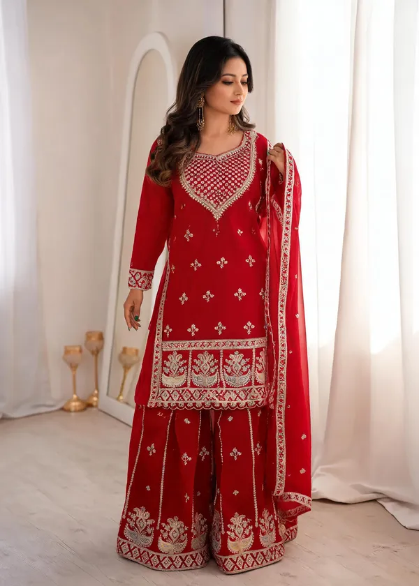 Red_Georgette_3_Pcs_Sharara_Pair_For_Women