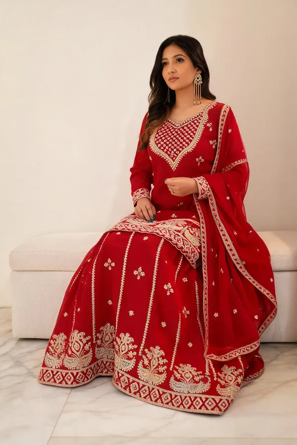 Red_Georgette_3_Pcs_Sharara_Pair_For_Women
