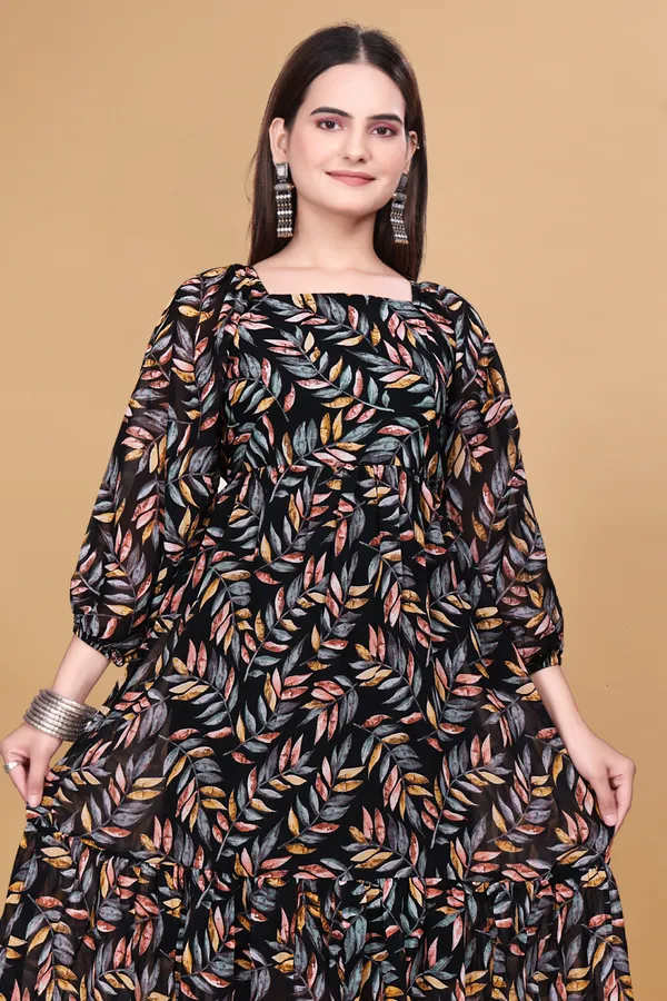Black_Leaf_Print_Fit_And_Flare_Dress_For_Women