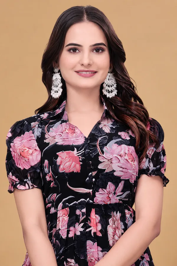 Black_Georgette_Floral_Print_Puff_Sleeve_Midi_Dress_For_Women