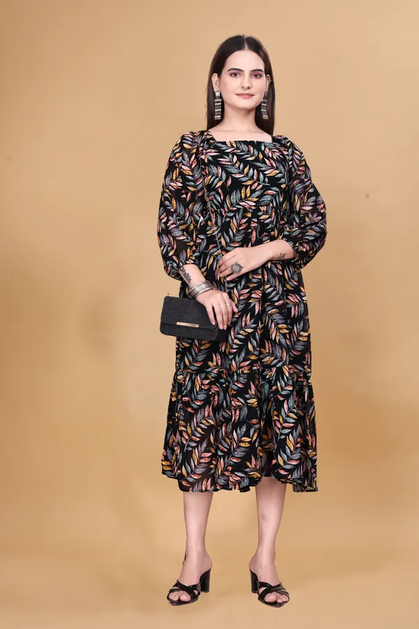 Black_Leaf_Print_Fit_And_Flare_Dress_For_Women