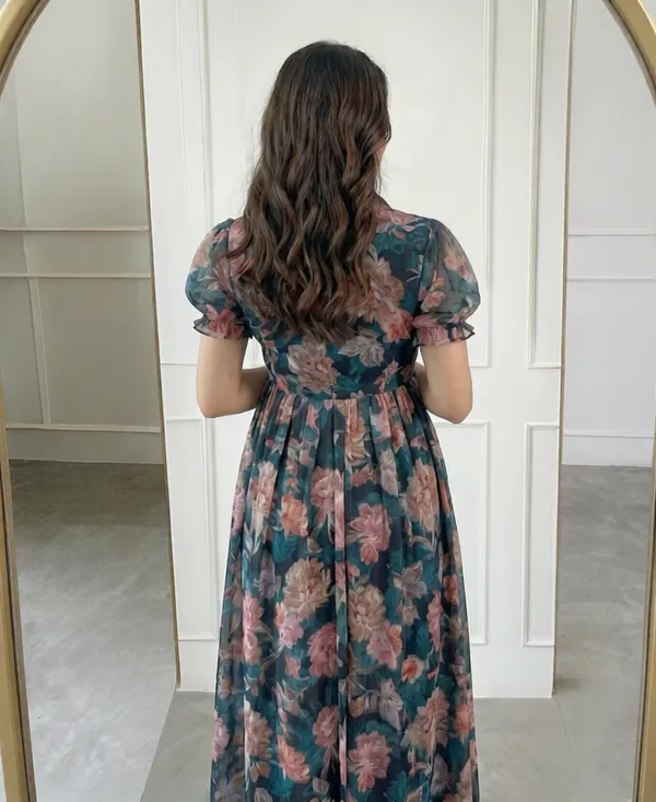 Teal_Georgette_Floral_Print_Fit_And_Flare_Dress_For_Women