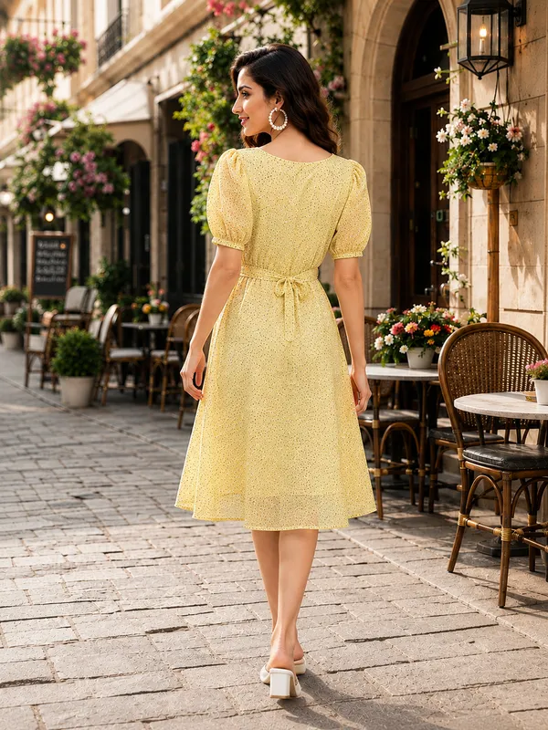 Yellow_Printed_Puff_Sleeve_A-Line_Dress_for_Women