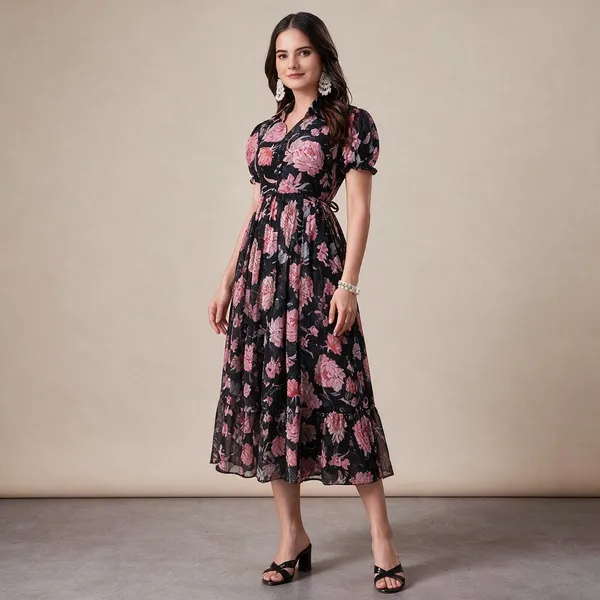 Black_Georgette_Floral_Print_Puff_Sleeve_Midi_Dress_For_Women