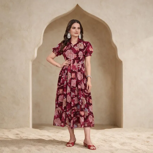 Maroon_Georgette_Floral_Print_Fit_And_Flare_Dress_For_Women