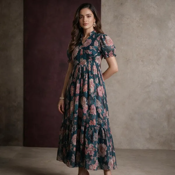 Teal_Georgette_Floral_Print_Fit_And_Flare_Dress_For_Women