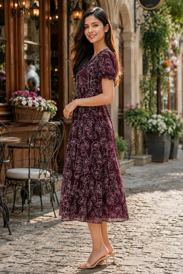 Maroon_Floral_Print_Short_Sleeve_Dress_for_Women