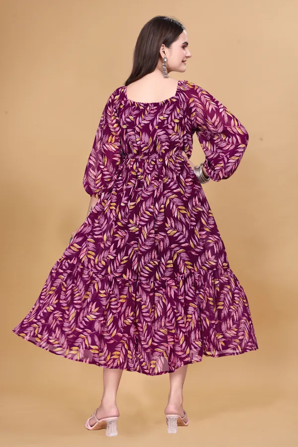 Purple_Georgette_Leaf_Print_Flared_Midi_Dress_For_Women