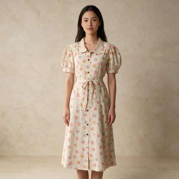 Cream_Georgette_Floral_Print_Puff_Sleeve_Dress_For_Women