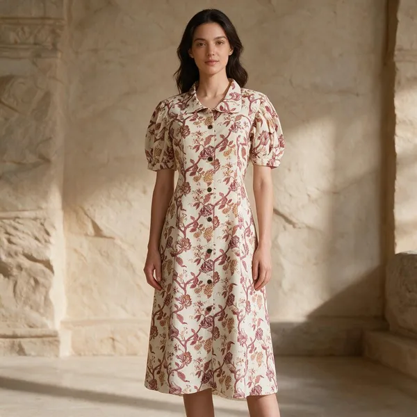 Ivory_Georgette_Floral_Print_Collared_Midi_Dress_For_Women
