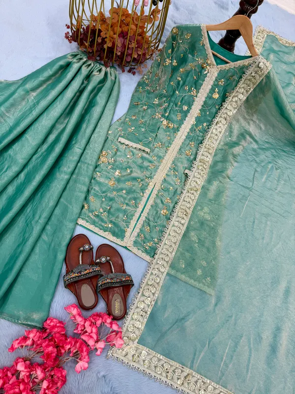 Teal_Fendi_Silk_Embroidered_Palazzo_Suit_Set_For_Women