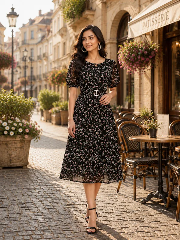 Black_Floral_Print_Fit_And_Flare_Midi_Dress_for_Women