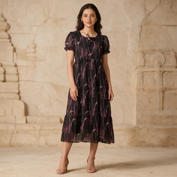 Black_Georgette_Abstract_Print_Puff_Sleeve_Midi_Dress_For_Women
