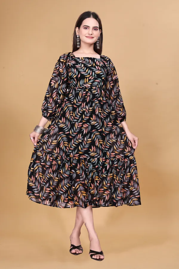 Black_Georgette_Leaf_Print_Fit_And_Flare_Dress_For_Women