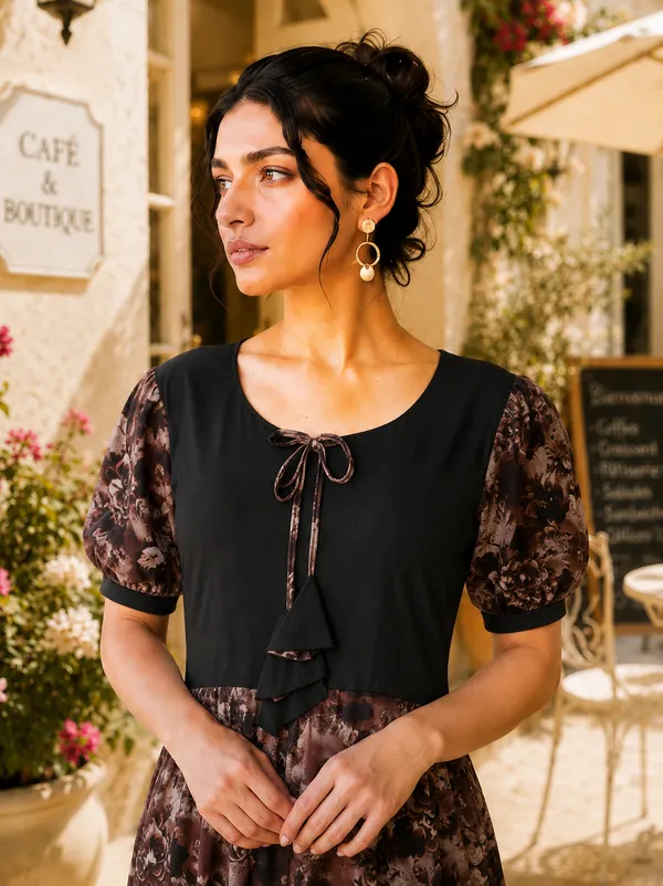 Brown_Floral_Midi_Dress_for_Women