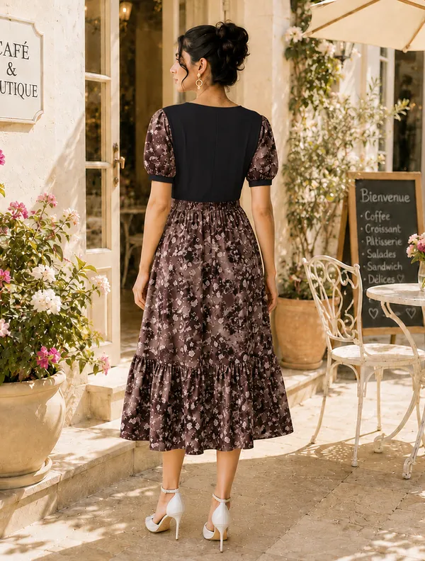 Brown_Floral_Midi_Dress_for_Women
