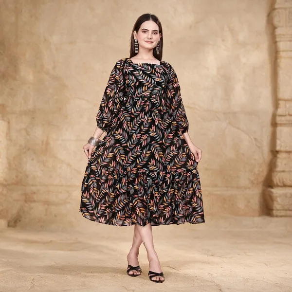 Black_Georgette_Leaf_Print_Fit_And_Flare_Dress_For_Women