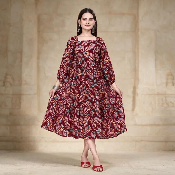 Maroon_Georgette_Printed_Fit_And_Flare_Dress_For_Women