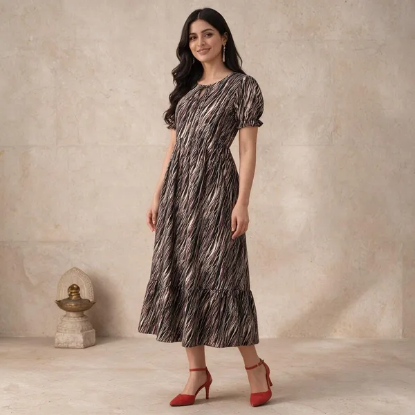 Black_Georgette_Short_Sleeve_Printed_One_Piece_For_Women