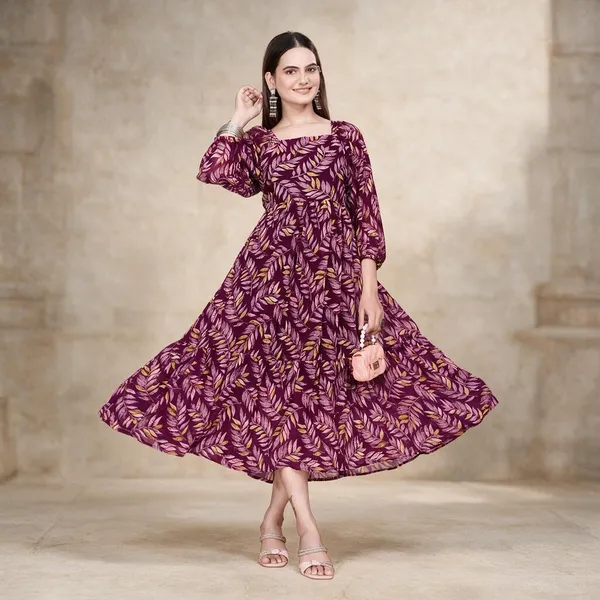 Purple_Georgette_Leaf_Print_Flared_Midi_Dress_For_Women